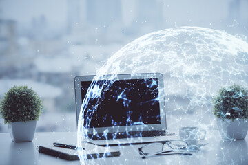 Computer on desktop with social network hologram. Double exposure. Concept of international people connections.