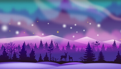 Night winter landscape with dark forest and reindeer silhouette, stars, aurora borealis. Northern horizontal background with snow, mountains, lights. Holiday winter vector landscape in neon colors.