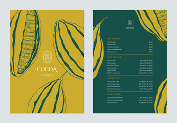 Beverage menu template design, line art illustration of cocoa beans in green and yellow