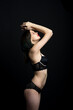 © Ivan Zelenin - Vertical view photo beautiful shy lady in lace bikini boudoir bra panties. Tender skinny slim shape isolated black background.