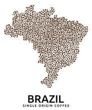 Shape Of Brazil Map Made Of Scattered Coffee Beans, Country Name Below