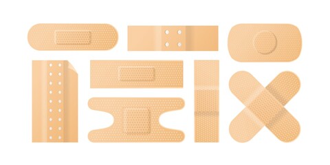set of realistic perforated plaster patch or tape vector illustration. collection of first aid eleme
