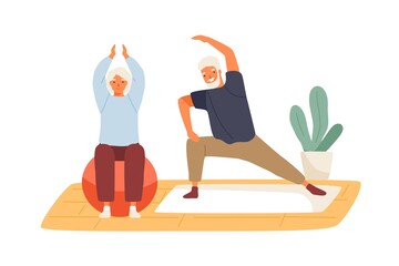 Elderly couple practicing yoga at home vector flat illustration. Active mature man and woman doing exercise on mat and aerobic ball isolated. Family enjoy sport and healthy lifestyle together