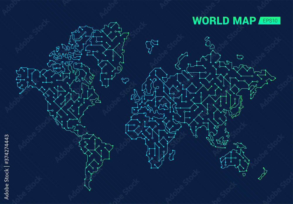 Abstract digital world map. Electric circuit of the globe. Technology ...