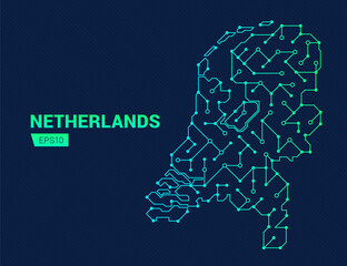 abstract futuristic map of netherlands. electric circuit of the country. technology background.