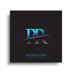 initial letter PR logotype company name colored blue and green swoosh design.