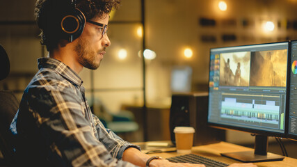 Wall Mural - evening in creative office: professional videographer / audio engineer wearing headphones works on d