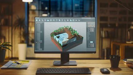 Wall Mural - shot of a desktop computer with 3d video game level development software in the modern office. styli