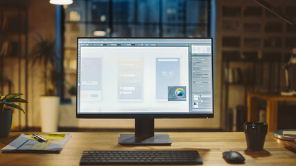 Wall Mural - shot of a desktop computer in the office shows screen with mobile phone application design, software