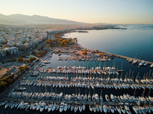 Aerial Drone Bird's Eye View Of Marina In Athens With Docked Yachts.