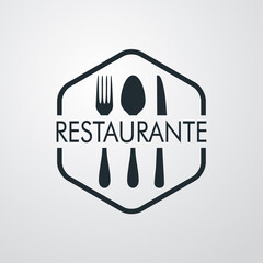 Canvas Print - Logotipo lineal palabra Restaurante en español con cubiertos en hexágono en fondo gris