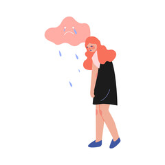 Sticker - Depressed Teen Girl under Rain Cloud, Teenage Puberty Problems Concept Vector Illustration