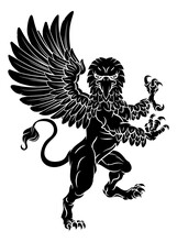 A Griffin Also Known As A Gryphon Or Griffon With Lion Body, Wings And Eagle Head. Rampant Standing On Hind Legs Coat Of Arms Crest Mascot