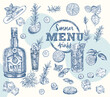 © zzayko - Set bottles Gin, rosemary, citrus, mint, cucumber Vintage hand drawn sketch design bar, restaurant, cafe menu Realistic engraving style Creative template for flyer, banner, poster Graphic vector art