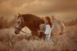 Beautiful  young woman on spanish buckskin horse in rue field at sunset