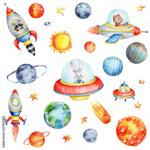 Fotomural Big cosmic set with cartoon spaceships, planets, sun and stars; watercolor hand