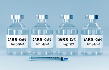 Wall Mural - Corona virus vaccine development with ampoule - 3D illustration