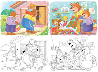 Wall Mural - Goldilocks and the three bears. Fairy tale.  Four pictures from series. Coloring book. Educational book. Illustration for children. Cute and funny cartoon characters