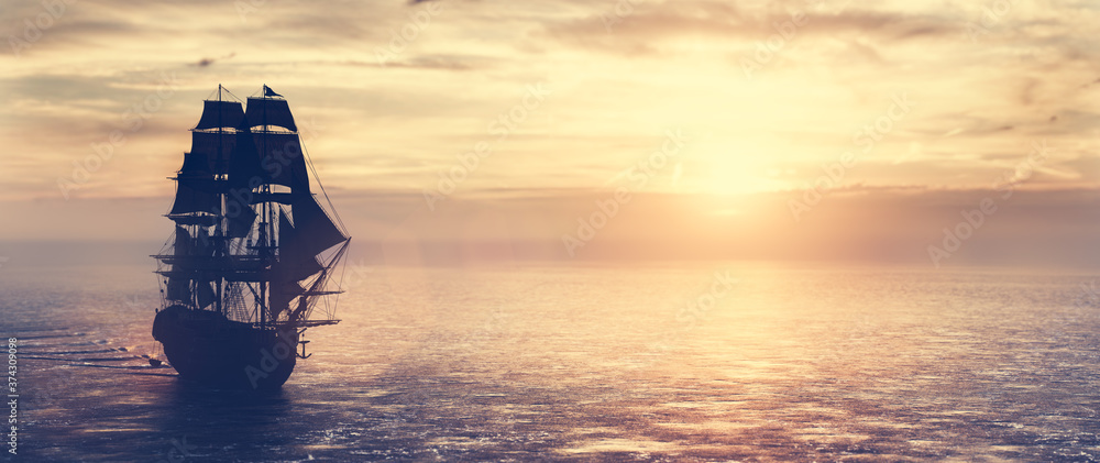 Pirate ship sailing on the ocean at sunset - obrazy, fototapety, plakaty 