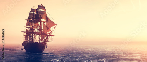 Plakaty żeglarstwo  statek-piracki-plynacy-po-oceanie-o-zachodzie-slonca