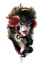 Gothic Woman With Red Flower Neotraditional Tattoo Illustration
