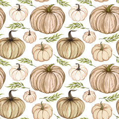 Wall Mural - Watercolor pumpkins seamless pattern. Hand drawn autumn pumpkin with floral twigs. Fall background.