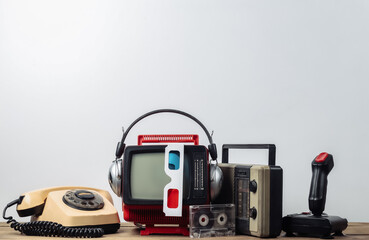 Retro portable mini tv set with headphones, 3d glasses, radio receiver, joystick, phone, audio cassette on white background. Attributes 80s, retro style