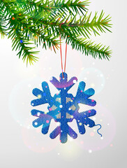 Wall Mural - Christmas tree branch with knitted snowflake symbol. Crocheted snow sign hanging on pine twig. Vector image for christmas, new years day, decoration, winter holiday, design, new years eve, etc