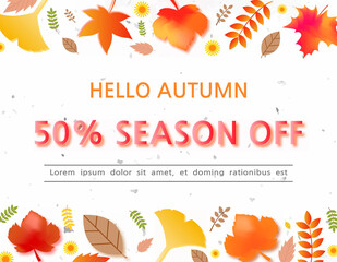 Wall Mural - Autumn seasonal background frame with falling autumn leaves.Vector autumn illustration.
