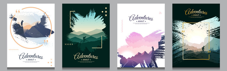 vector brochure cards set. travel concept of discovering, exploring and observing nature. paint ink 