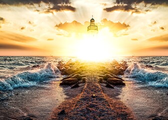 Path to sunlight through the sea . Saving souls in religion