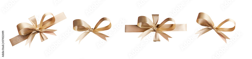 A collection of gold ribbon bows for Christmas, birthday and valantines presents isolated against a white background - obrazy, fototapety, plakaty 