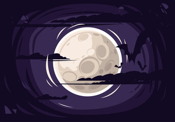Wall Mural - vector illustration of the moon in a dark sky with clouds and bats silhouettes, halloween night
