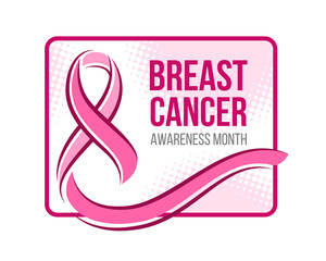 Wall Mural - breast cancer awareness month banner with pink ribbon sign and text in rounded rectangular frame vec