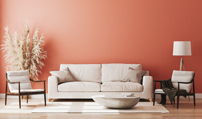 Wall Mural - red room interior, living room interior mockup, empty red wall, 3d rendering