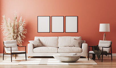 Wall Mural - blank three poster frames mock up in red room interior , 3d rendering