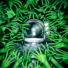 Encounter With Aliens / 3D Illustration Of Science Fiction Scene With Green Zombie Alien Hands Smothering Astronaut