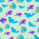 Fototapeta Pokój dzieciecy - Seamless pattern of cartoon dolphins and fish. Illustration on a marine theme.