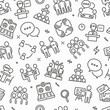 © AlexBlogoodf - Meeting seamless pattern with thin line icons: speaker, communication, collaboration, teamwork, brainstorm, online meeting, conference, presenter, gathering, interview. Vector illustration.