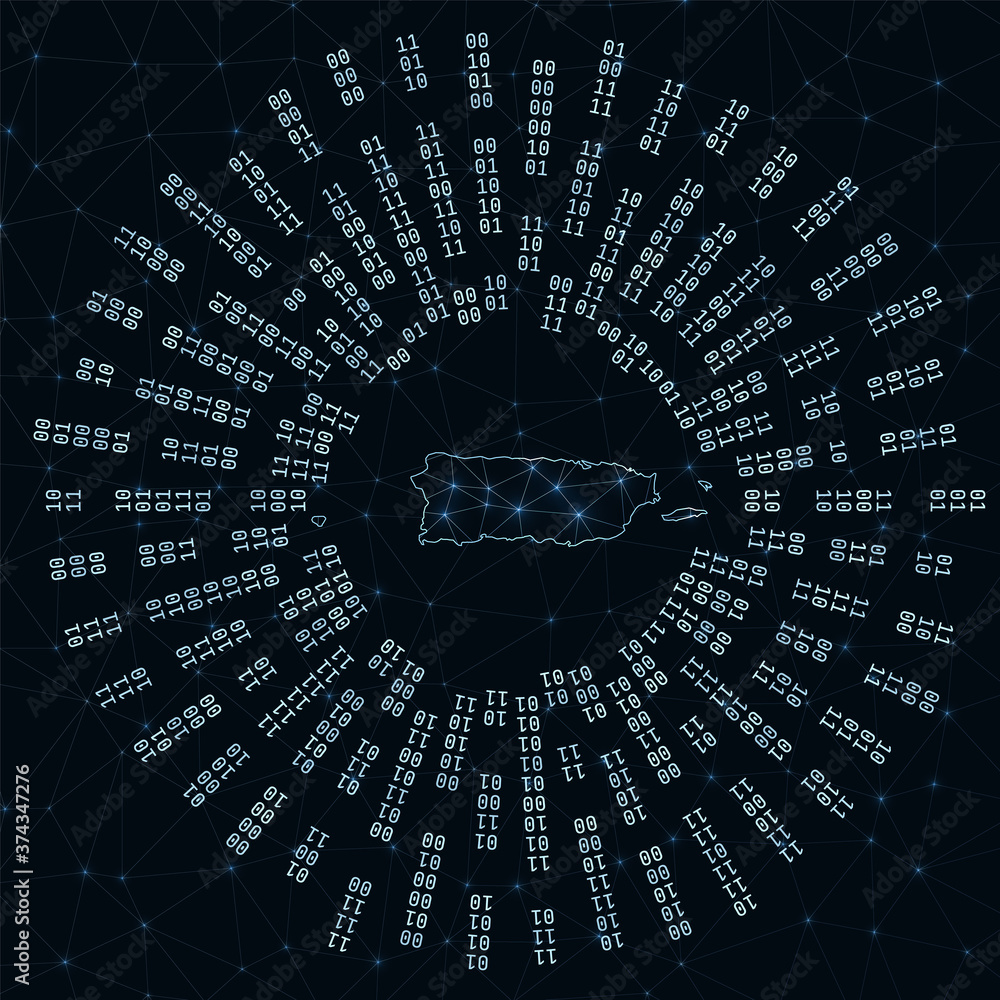 Connectivity Radiating Map Puerto Rico digital map. Binary rays radiating around glowing country ...