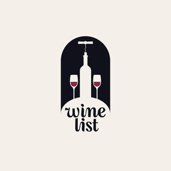 Wall Mural - Wine list for a restaurant or cafe. Vector illustration with a bottle, corkscrew and two wine glasses. Suitable for menu, wine list, tasting, winery, icon, logo