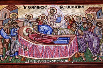 Wall Mural - Beautiful mosaic showing the Dormition of the Virgin Mary outside of a Christian orthodox church - Athens, Greece, August 11 2020.