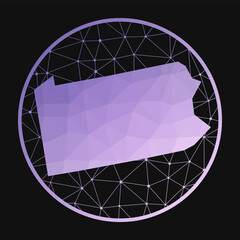 Pennsylvania icon. Vector polygonal map of the us state. Pennsylvania icon in geometric style. The us state map with purple low poly gradient on dark background.