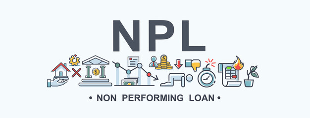  NPL non performing loan banner web icon for financial and economic, loan, mortgage, bank, debt obligation, deflation, lower interest and cash out. Minimal vector infographic.