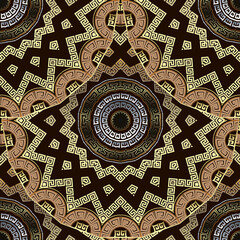 Deco greek 3d mandalas seamless pattern. Ornamental ethnic style floral background. Repeat tribal vector backdrop. Ancient greek key, meanders, zigzag ornament. Geometric ornate modern gold design