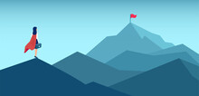 Vector Of A Super Woman Looking At Her Goal, Mountain With Flag On The Top
