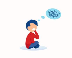 Vector of a frustrated boy sitting having bewildered thoughts in his mind.