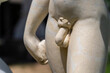 Detail marble statue of male genitals. Public sculpture detail of a young man in tropical garden in Da Nang, Vietnam
