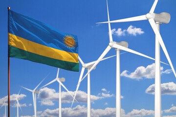 Rwanda alternative energy, wind energy industrial concept with windmills and flag industrial illustration - renewable alternative energy, 3D illustration