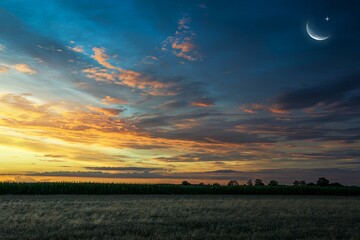 sunset above the field and a new moon into the sky